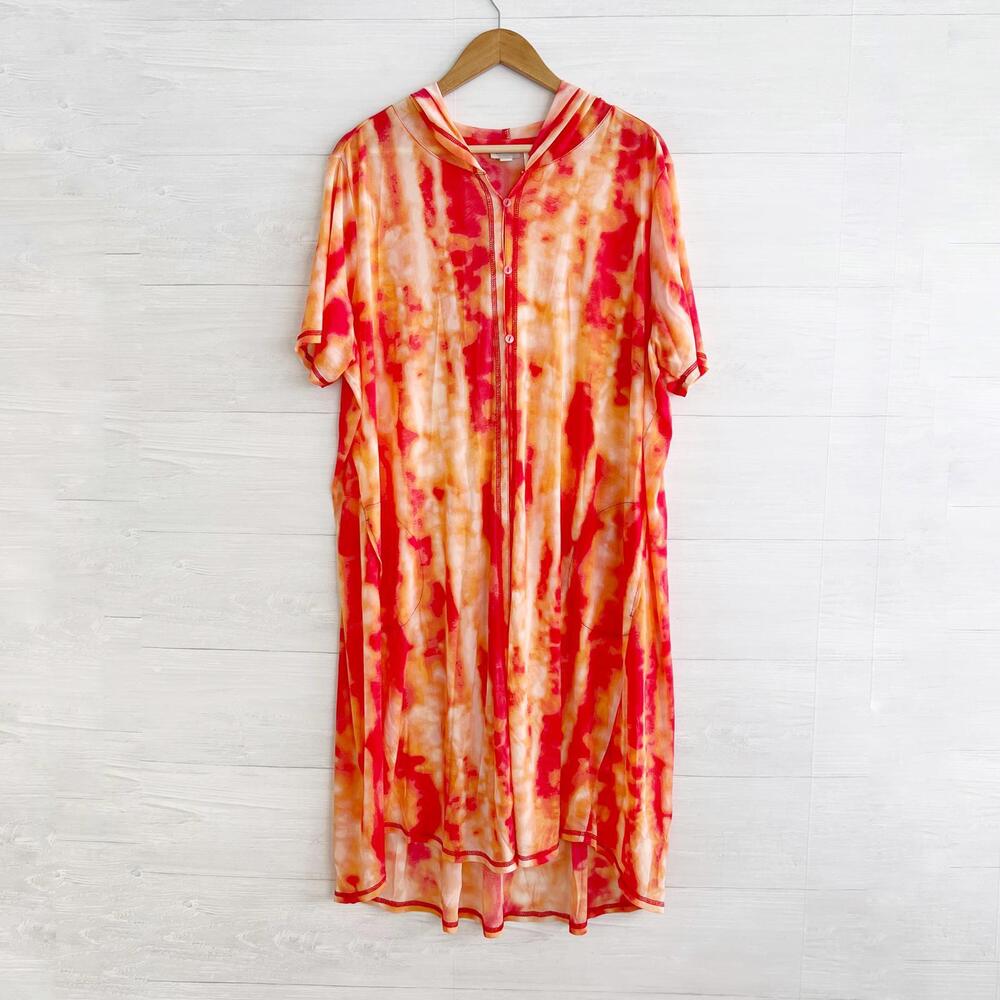 LOGO Lori Goldstein Beach to Street Red orange button mesh cover up hoodie, 2X